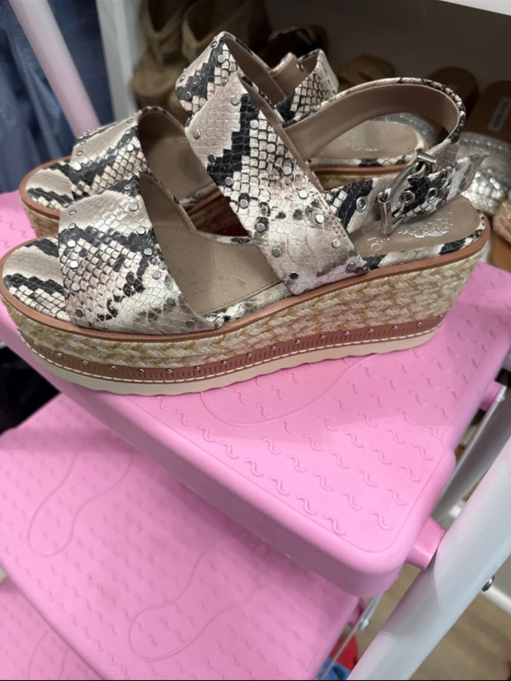 Vince Camuto Beige Snake-Print Espadrille Wedge Sandals